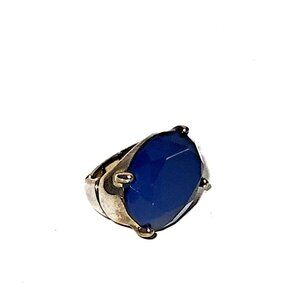 Statement Ring Navy Blue Bead Stretchband Stretch Size 9-12 Silver Tone